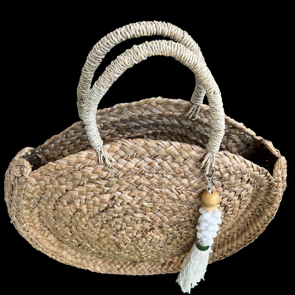 Vintage bag woven natural fiber rafia large round shape tassel embellishment - Picture 2 of 8